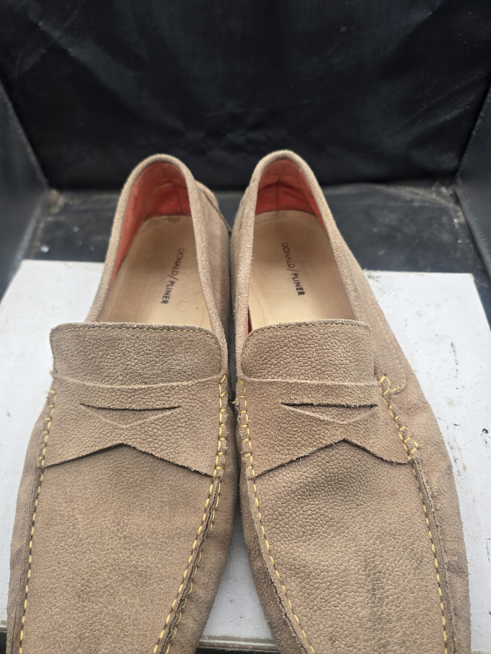 Donald J. Pliner Suede Penny Loafers in Taupe